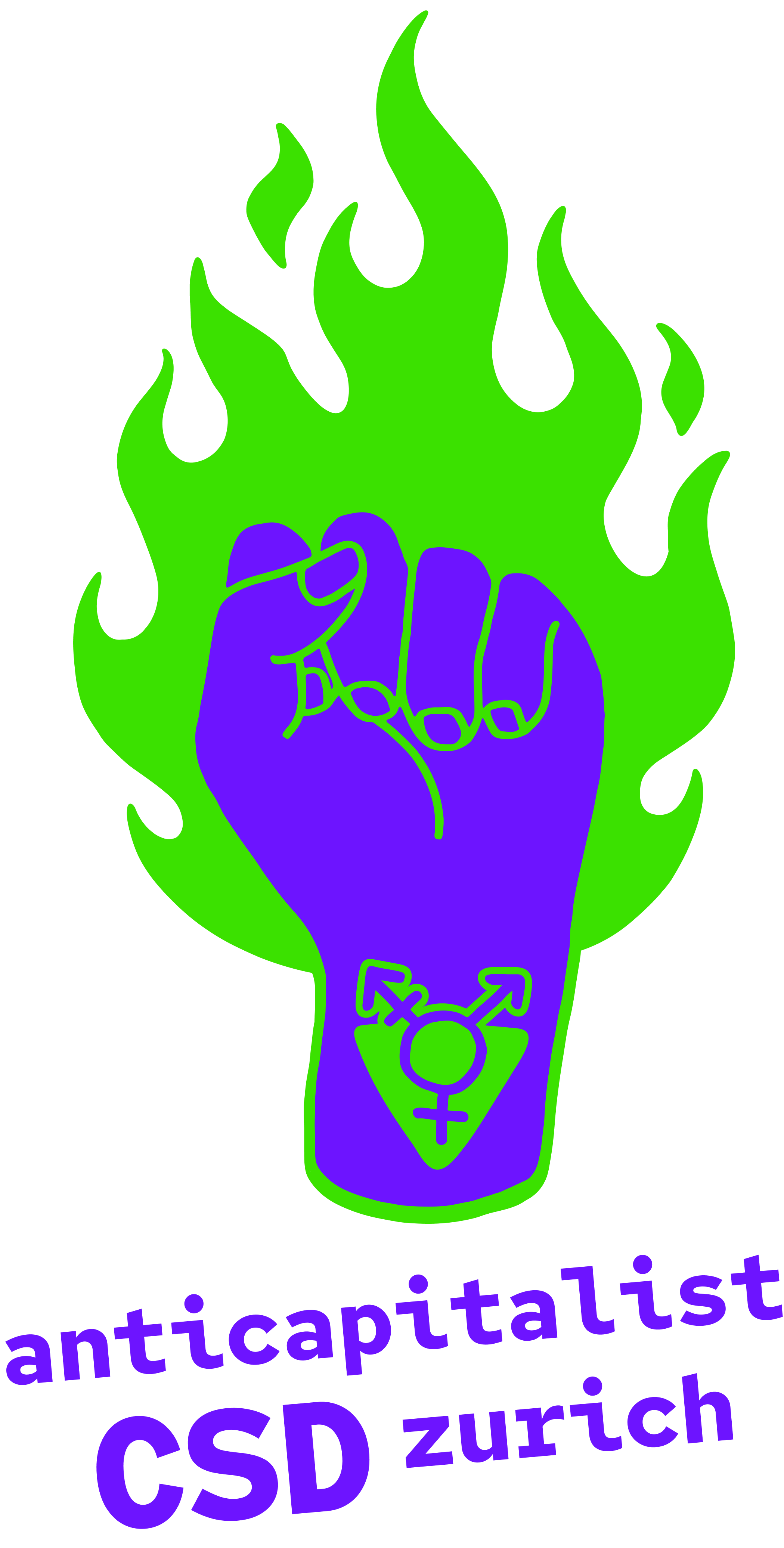 Illustration einer brennenden Faust, daneben der Schriftzug: Antikapitalistischer CSD Zürich.
       Die Faust ist blau, auf dem Handgelenk hat sie ein Trans-Symbol und ein grünfarbenes Dreieck.
       Die abstrakten Flammen um die Faust sind grün.